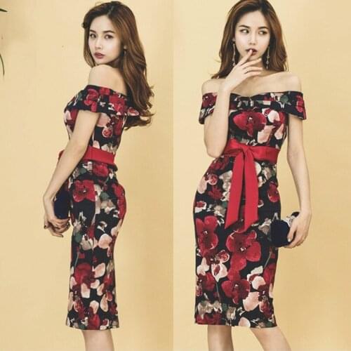 Women 2021 Summer Sleeveless Temperament Word Collar Bow Sexy Bandage Dress Slim Printed Pencil Dress Belt Midi Dresses Korean