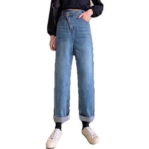 High waist jeans womens straight loose loose spring and autumn 2020 new slim oblique buckle retro old pants