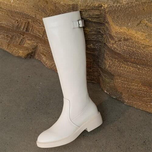 Falajoy Riding Boots Genuine Leather Buckle Strap Knee High Winter Boots Women High Quality Flat Boots White Silver Plus Size 43