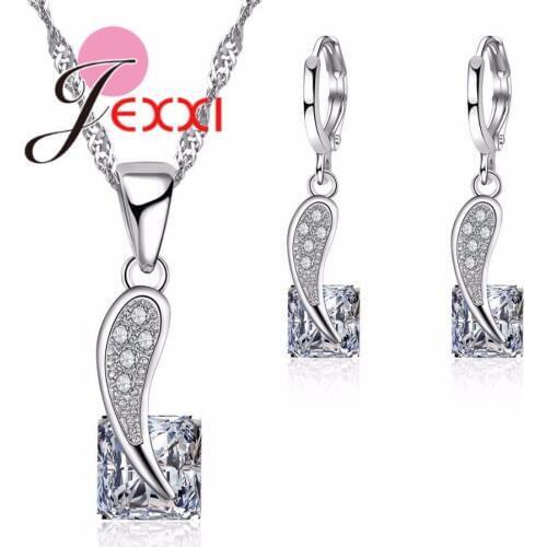 Creative CZ Crystal Design Jewelry Set 925 Sterling Silver Jewery For Women Party Gift Pendant Necklace Earrings Set