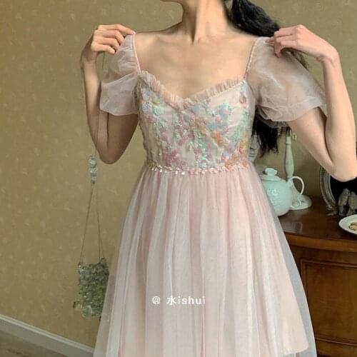 Summer New Palace Retro Princess Dress Short Sleeve Sweet Girl Pink Mesh Dress Super Fairy Embroidery Dress