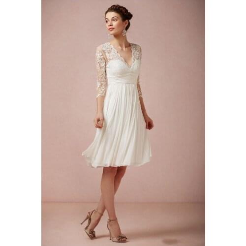 Chiffon Knee Length Short Beach Wedding Dresses Vintage V Neck 3/4 Long Sleeves Casual Summer Bridal Gowns robe de soirée de m