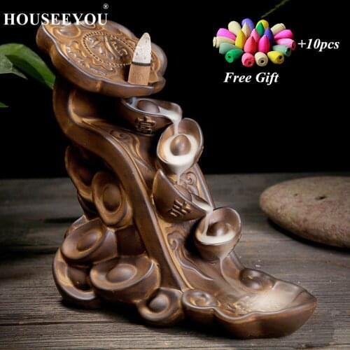 10Pcs Incense Cones + Chinese Traditional Wealth Wishful Backflow Incense Burner Ceramic Incense Holder Waterfall Aroma Censer