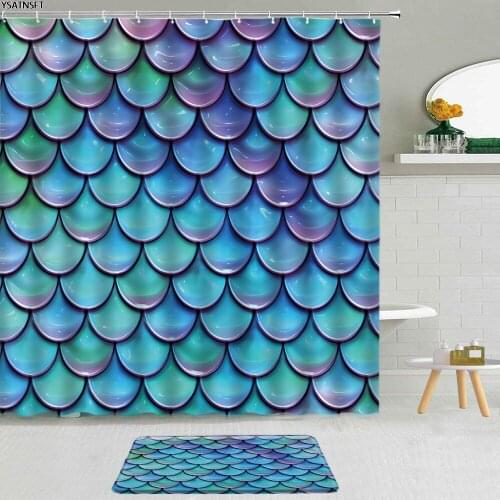 2Pcs Blue Psychedelic Fish Scale Shower Curtain 3D Rainbow Mermaid Geometric Pattern Bathroom Curtains Non-Slip Bath Mat Set