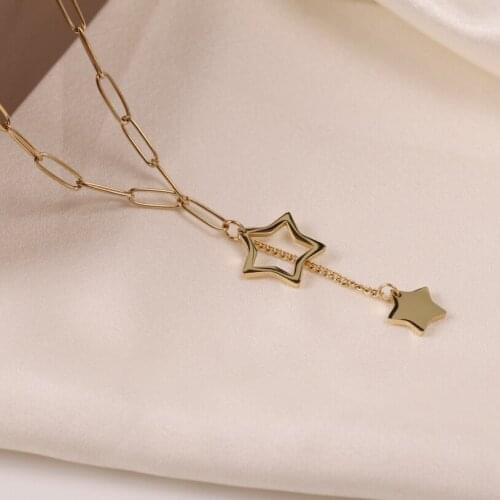 316L Stainless Steel Hollow Double Stars Tassel Charms Pendant Necklace For Women Ins Hot Fashion Trend Jewelry Clavicle Chain