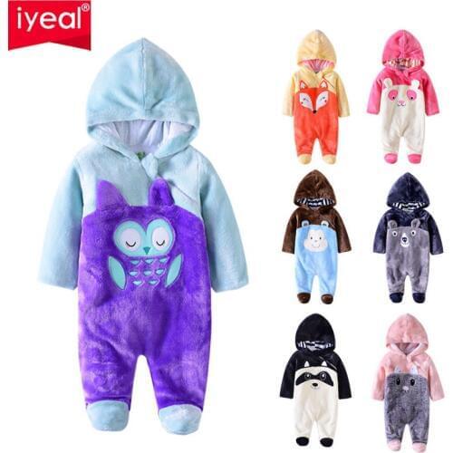 IYEAL Infant Romper Baby Boys Girls Jumpsuit New born Bebe Clothing Flannel Hooded Toddler Baby Clothes Cute Cartoon Overalls