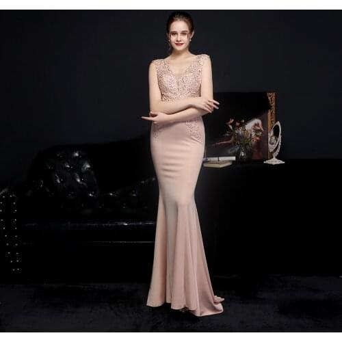 ERINBESS Robe De Soiree Champagne Evening Dresses Long Dress Formal Dress Vestido De Festa V-Neck Applique Mermaid Evening Dress