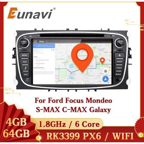 Eunavi 2 Din Car DVD Radio Player For Ford Focus 2 Mondeo S-MAX C-MAX Galaxy Multimedia Video Audio PX6 4G 64G GPS Navigation