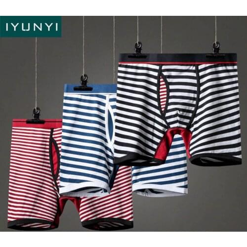 IYUNYI Cotton Boxer Shorts Mens Underwear Striped Long Legs Shorts U Convex Penis Pouch Mens Underpants