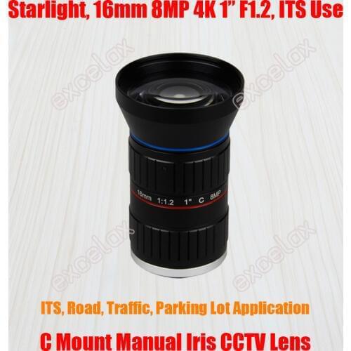 Starlight 8MP 4K 1" 16mm F1.2 Manual ITS Road Traffic Surveillance CCTV Lens C Mount for 5MP 6MP 8 Megapixel HD Box Body Camera