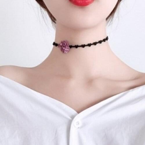 Korea Simple Personality Purple Flower Heart-Shaped Short Necklace Velvet Rose Flower Necklace Womens Jewelry