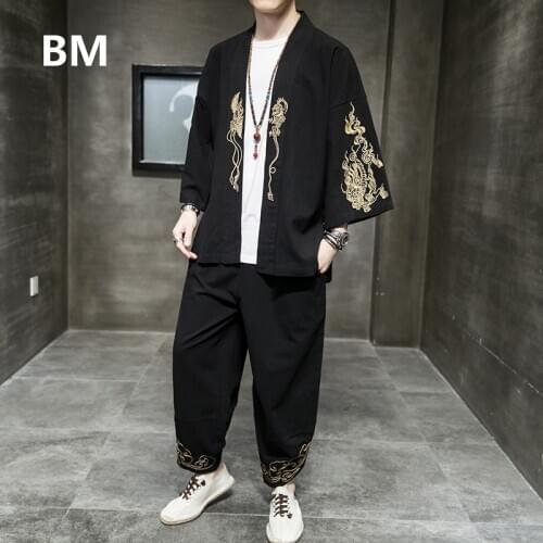 Summer Embroidered T-shirt Two-piece Suit Chinese Style Tang Suit Men Sets Plus Size Cotton Line Hanfu Antique Style Clothing