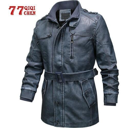 Mens PU Leather Jackets Men Winter fleece warm motorcycle Long Leather Jackets Winter Male casual Faux with belt Leather Coat