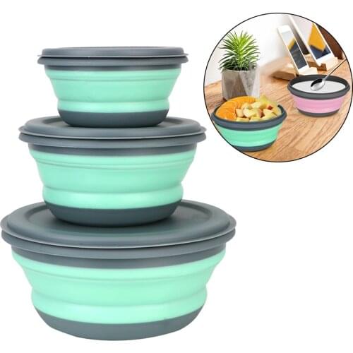 Tableware Set with Lid Folding Lunch Box Food Container Bowl Sets Portable 3Pcs/Set Foldable Salad Bowl Silicone Folding Bowl
