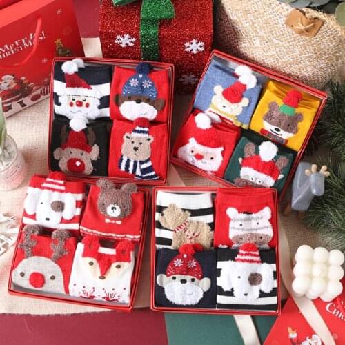 4 pairs cartoon three-dimensional Christmas socks Christmas dog rabbit cat bear cute woman socks kids Christmas gift socks
