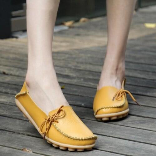 New Moccasins Women Flats 2019 Autumn Woman Loafers Genuine Leather Female Shoes Slip On Ballet Bowtie Womens Shoe Size 35-44