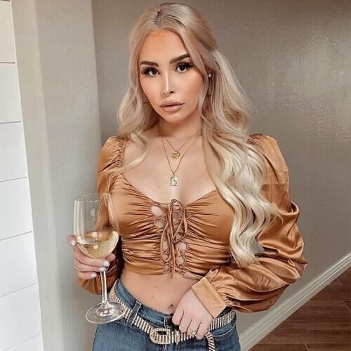 Hirigin 2020 Fall Tie Front Women Tops and Blouses Shirts Square Collar Puff Long Sleeve Elegant Vintage Shirt Tops Lacing