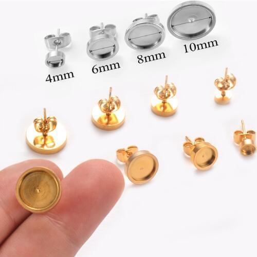 20pcs Stainless Steel Blank Base Round Tray Cabochon Setting Post Stud Earrings Fit for 4/6/8/10 mm Cabochon Earring Diy Jewelry
