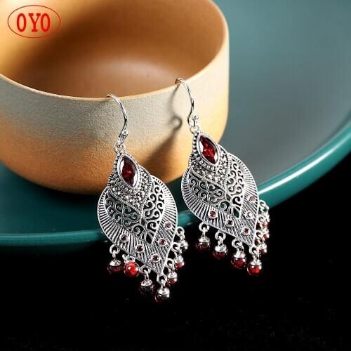 S925 silver old hollow carved tassel garnet red earrings