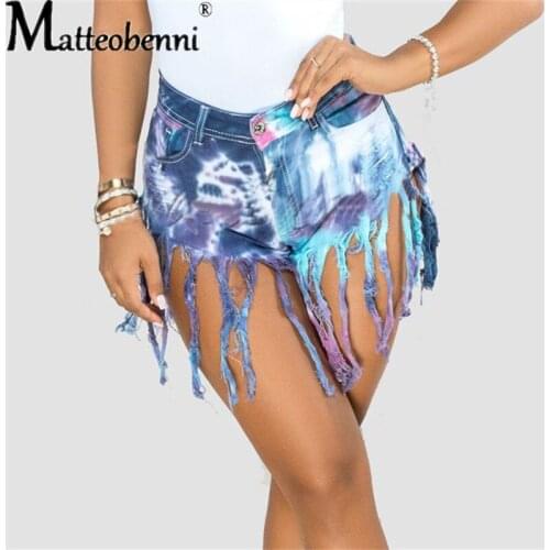 Women Shorts Pants Casual Ripped Tie Dye Print High Waist Shorts Jeans Female Club Party Shorts Denim Outfit Streetwear Trousers