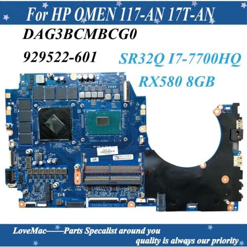 Hight quality 929522-601 For HP OMEN 17-AN 17T-AN motherboard DAG3BCMBCG0 Mainboard DDR4 SR32Q I7-7700HQ RX580 8GB 100% Tested