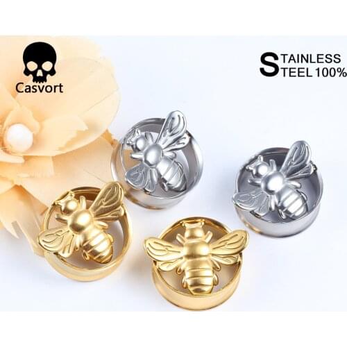 Casvort 2Pcs Stainless Steel Bee Ear Plugs Tunnels Gauges Earring Piercing Body Jewelry Expander Christmas Gift Tragus Women Men