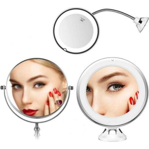 360 Degree Rotation LED 10x Magnification Makeup Mirror with Suction Cup for Bedroom Bathroom Dressing Table Makeup Room Light
