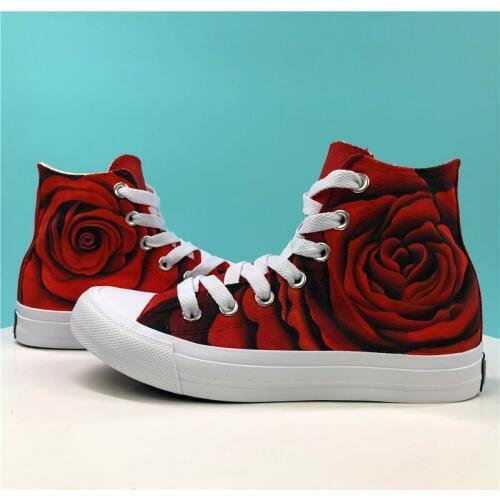 Wen Original Design Hand Painted Floral Shoes Red Rose Flower High Top Women Girls Canvas Sneakers Wedding Valentines Gifts