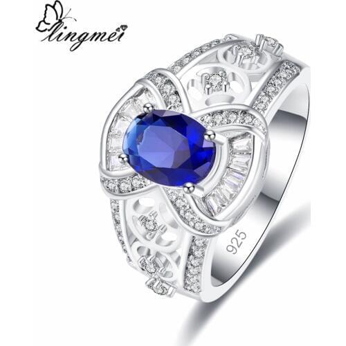 Lingmei Unique Wedding Dazzling Jewelry Charm Oval Cut Red & Blue Zircon Silver Color Fashion Ring for Women Jewelry Size 6-9