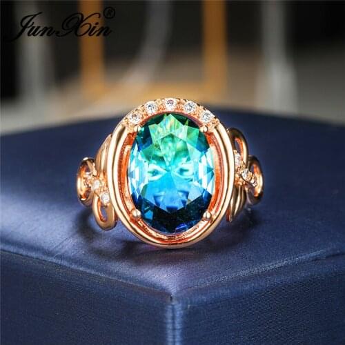 Rose Gold Rainbow Fire Crystal Rings For Women Gradient Green Blue Zircon Big Stone Wedding Engagement Ring Valentine Jewelry Cz