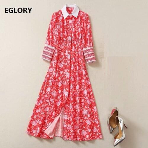 2021 Spring Fashion Shirt Style Dress Princess Women White Turn-down Collar Red Floral Print Long Sleeve Casual Button Dress