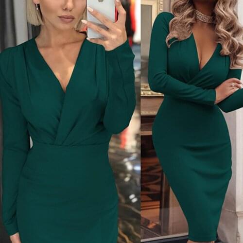 Fashion 2XL Bodycon Dress Long Sleeve V Neck Elegant Midi Dresses For Women Solid Color Ladies Party Vestidos