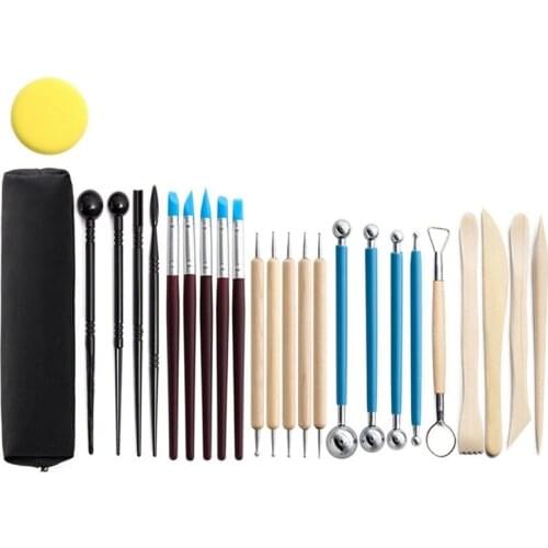 19/25pcs DIY Clay Pottery Tool Set Drill Pen Ceramics Sculpting Carving Sculpture Knife Craft Wooden Handle Modeling Kit