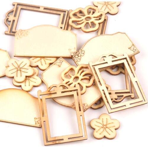 20x45mm 16Pcs Frame And Flower Wooden Ornament Handmade Scrapbooking Craft Handmade Wood DIY Arts Embellishments m1740
