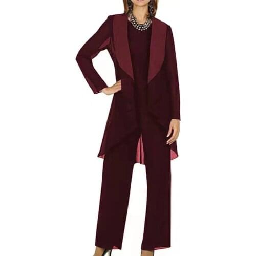 Burgundy Chiffon Womens Suit 3 Piece Mother Pantsuit Long Sleeve Elegant Female Plus Size Dress Clothes Sets For Wedding Party