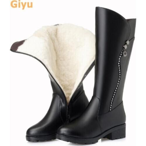 Giyu 2020 autumn and winter new Genuine Leather mid heel Waterproof platform Thick heel Martin boots Mid boot Cotton boots
