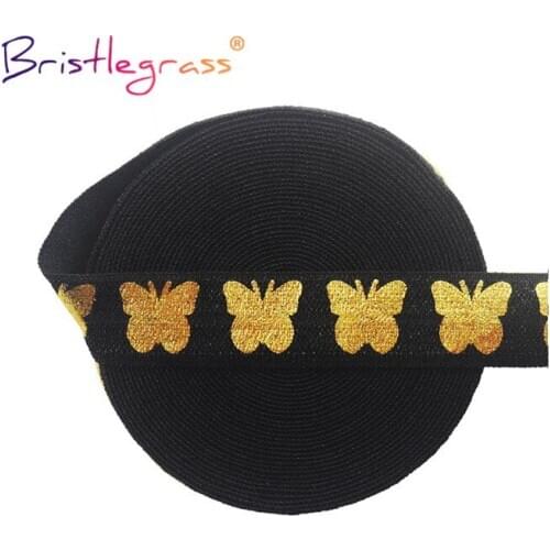 BRISTLEGRASS 50 100 Yard by Roll 5/8" 15mm Gold Butterfly Foil Print Foldover Elastic FOE Spandex Band Tape Hair Tie Sewing Trim