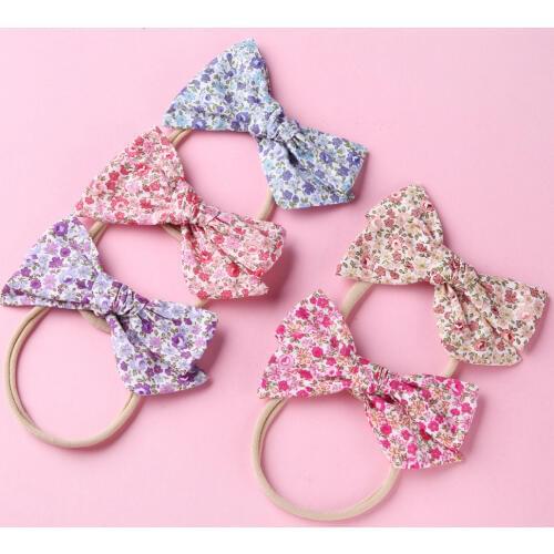 Boutique 20Pcs Fashion Cute Floral Print Bow Super Soft Hairbands Solid Fabric Big Bowknot Nylon Headbands Princess Headwear
