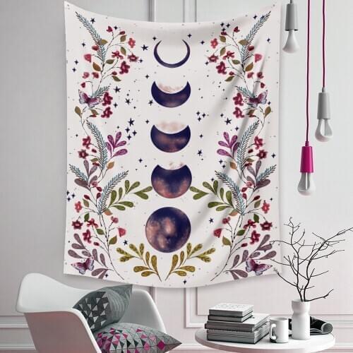 Moon Phase Floral Tapestry Wall Fabric Hippie Boho Home Decoration Chic Background Wall Carpet Cloth Tapestries Blanket Homeware