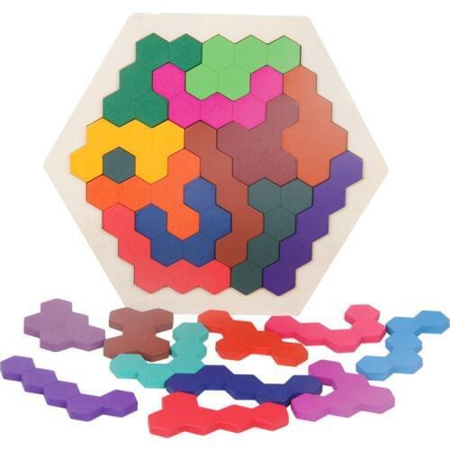 Wooden Puzzle Jigsaw Brain Teaser Desktop Educational Tangram Toy for Children Hexagon Logic Intelligence IQ Game Wood Toys