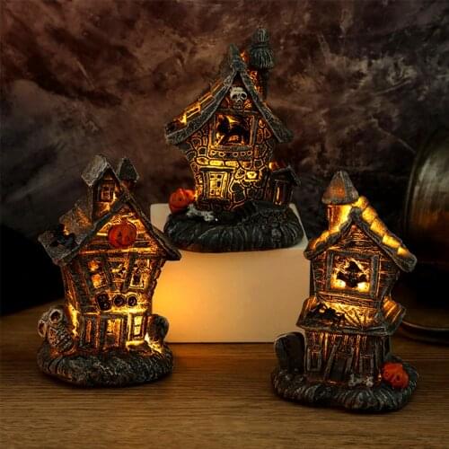 Halloween Pumpkin Skull House Resin Sculpture With Light Desk Garden Home Room Holiday Party Scary Ornaments Crafts Gifts