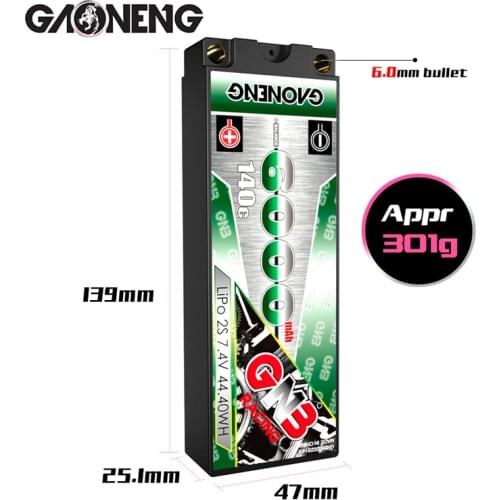 Gaoneng GNB 6000mAh 2S 7.4V 140C Lipo Battery 6mm Built-in Bullet Hard Case T XT60 Plug for 1:10 RC Car Model Spare Parts