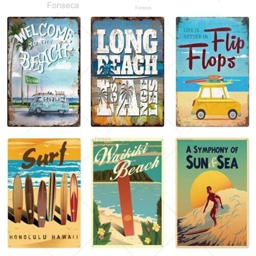 Beach Surfing Metal Tin Sign Plaque Summer Decorative Plates Wall Decor for Beach Bar Beach House Surf Club Iron Painting