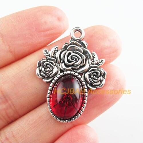 Fashion 6Pcs New Ellipse Charms Red Glaze Rose Flower Pendants Tibetan Silver Tone 23x32mm