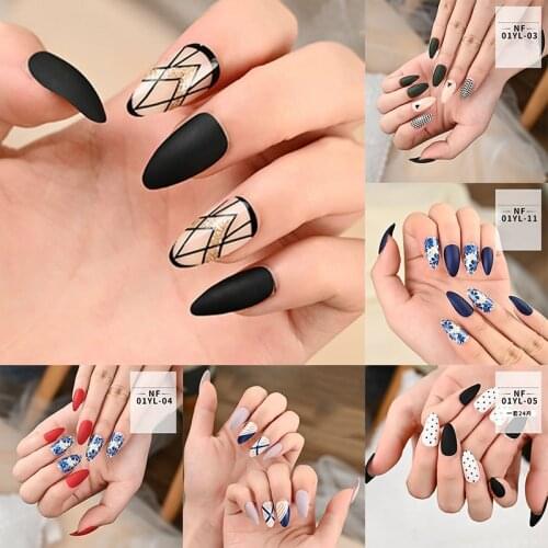 Simple Design Flower Pattern False Nails Black Line Wear Nails Finished Nails Sharp French Acrylic Nails Forms For Extension