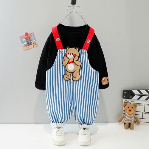 0-4 years old autumn childrens wear new baby cute cartoon bear suit boys and girls striped long sleeve suspenders two-piece set