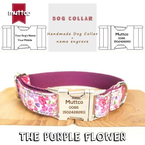 MUTTCO retailing engraved personalized dog ID collar THE PURPLE FLOWER creative style dog collars and leashes 5 sizes UDC049