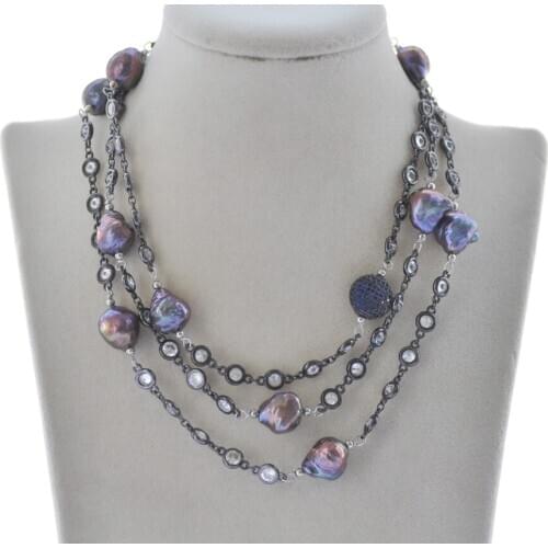 Z10235 50" 16mm Black Baroque KESHI Pearl Necklace CZ