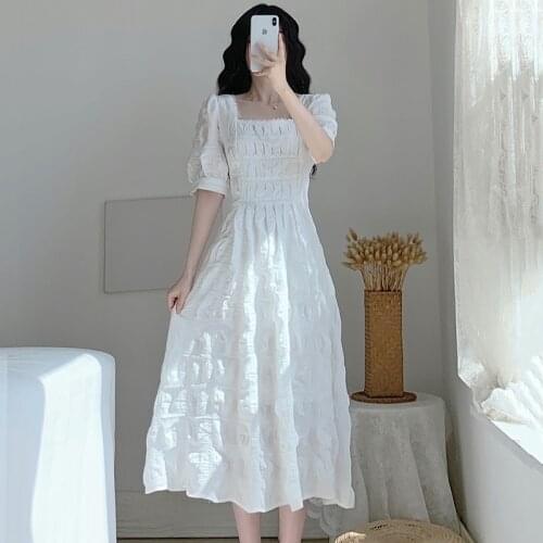 One-piece Dress Korean Folds Puff Sleeve Square Collar Midi Dress Women Evening Party Female Dress 2021 Summer Vintage Elegant