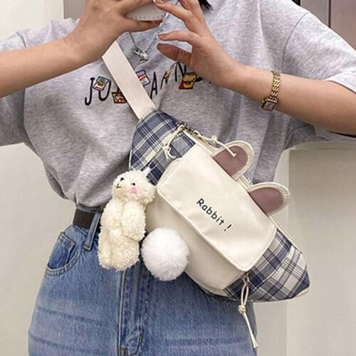 Hot Kawaii 3D Bunny Ear Girl Waist Bag Plush Rabbit Tail Nylon Check Waist Packs Casual Travel Women Chest Bag Korea Banana Bag
